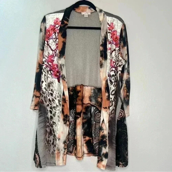kamana Open Front Cardigan Contrasting Pattern Mesh and Velvet Detail Sz M - Picture 1 of 14